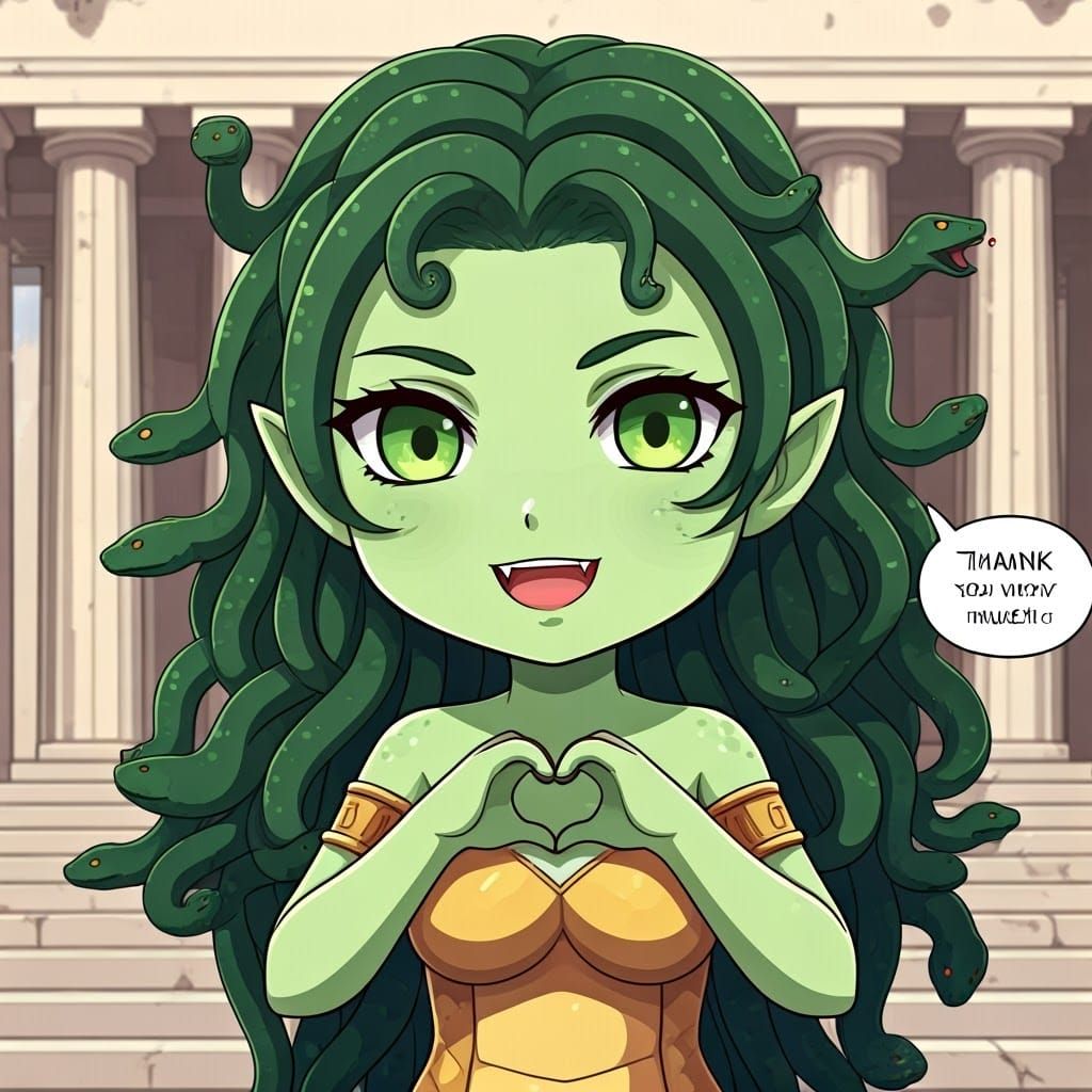 Chibi Anime Gorgon Medusa Thanks at Greek Temple