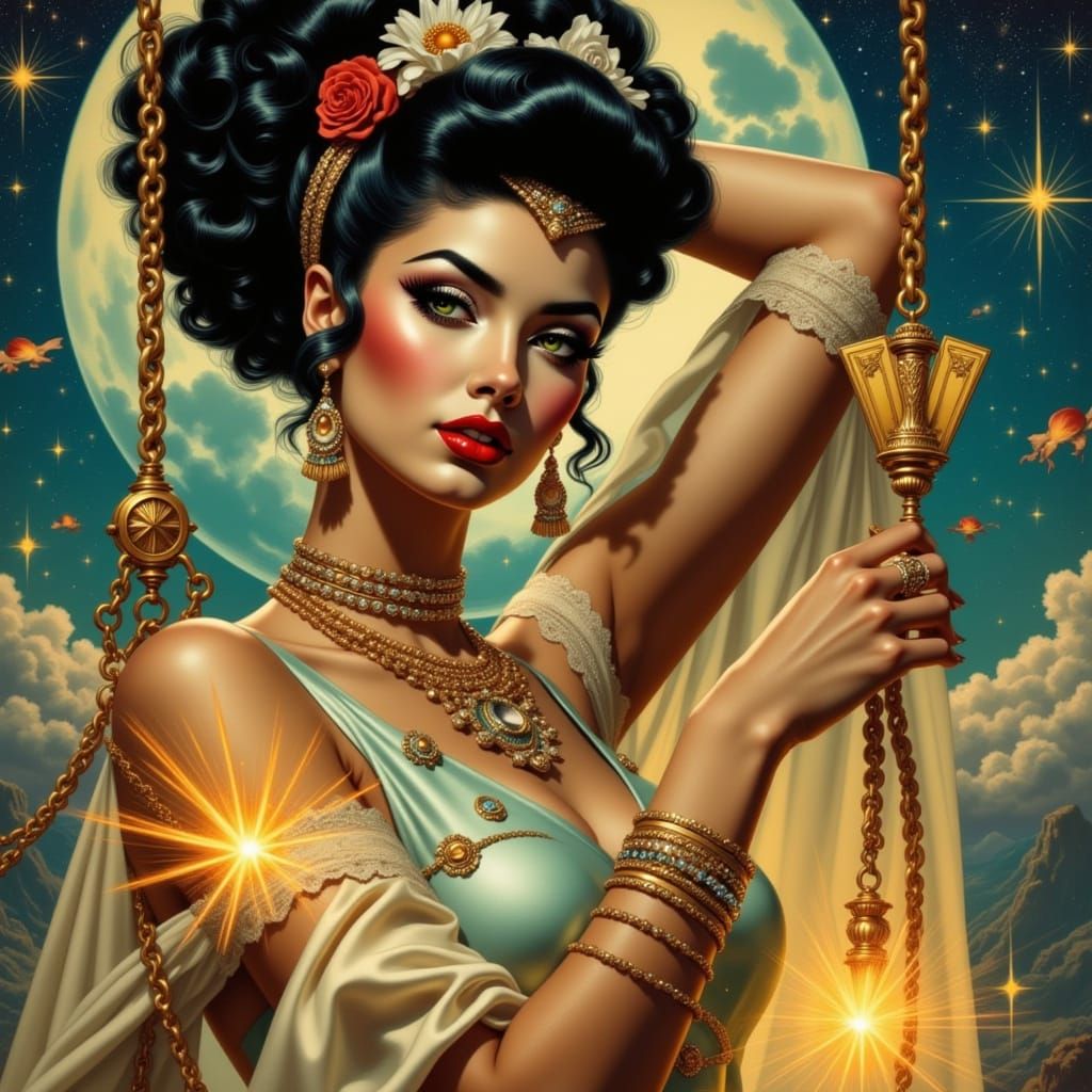 Surreal Pin-Up Goddess Suspended in Mid-Air with Tarot Cards
