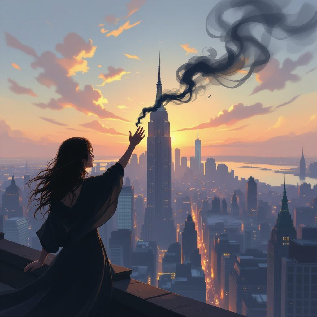 Sorceress Commands City Shadows in Impressionist Style