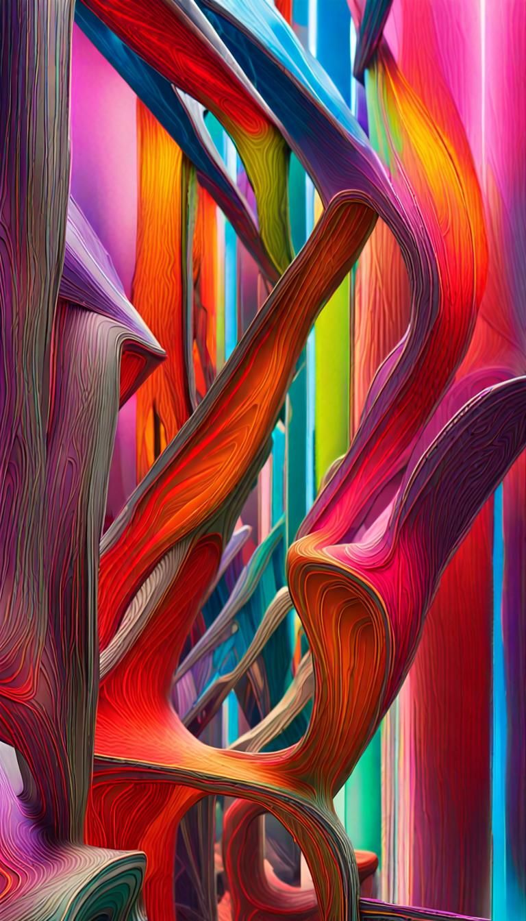 Abstract Chrome Sculpture in Neon Vorticism Style