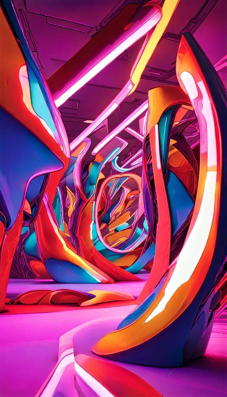 Abstract Chrome Sculpture with Neon Vorticism Lighting