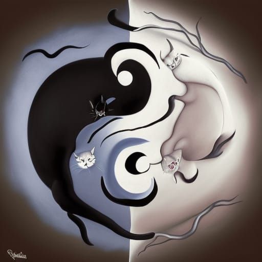 Yin and Yang Cats Hugging: Detailed Digital Art