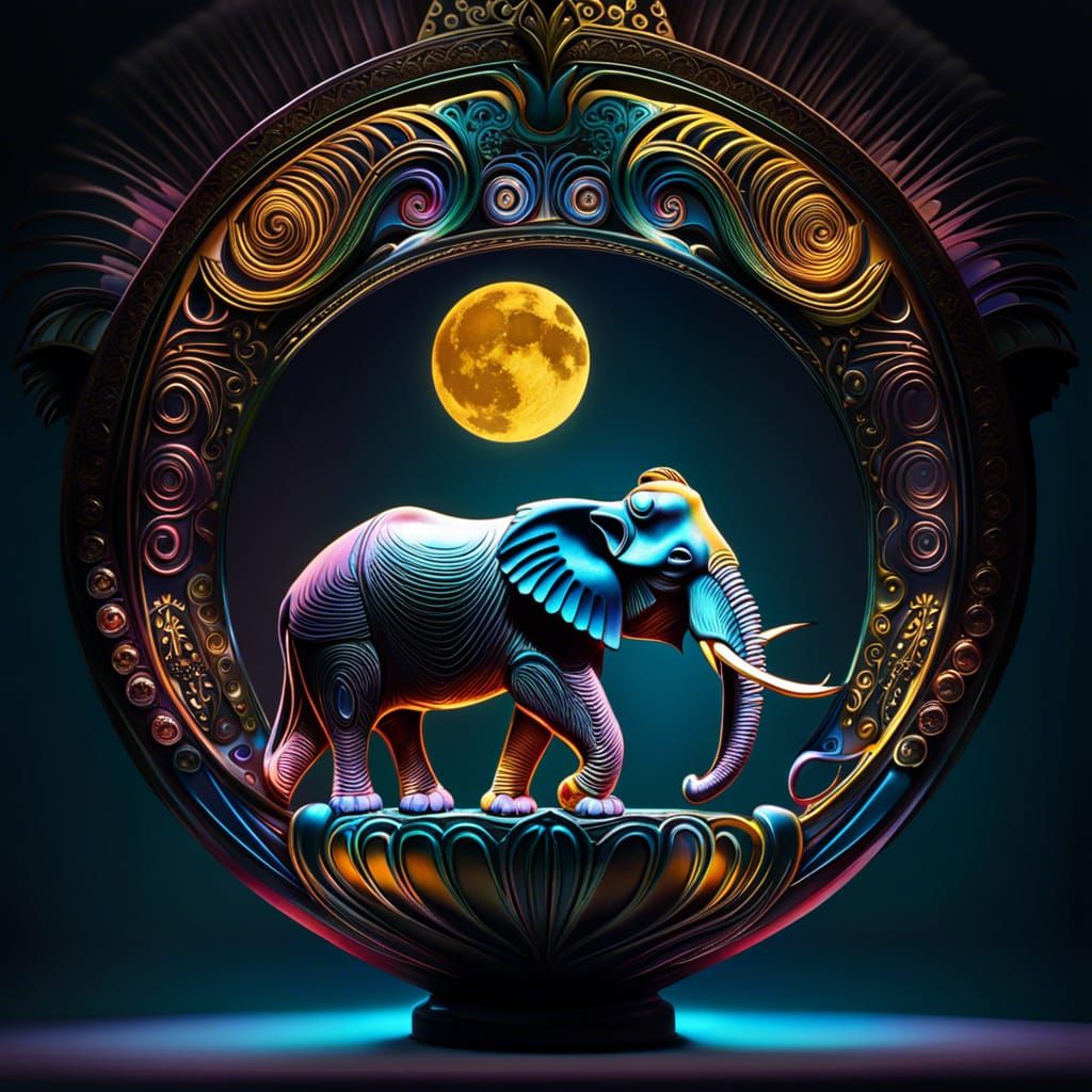 Prismatic Elephant Grazing Under Moonlight, Hyper-Detailed I...