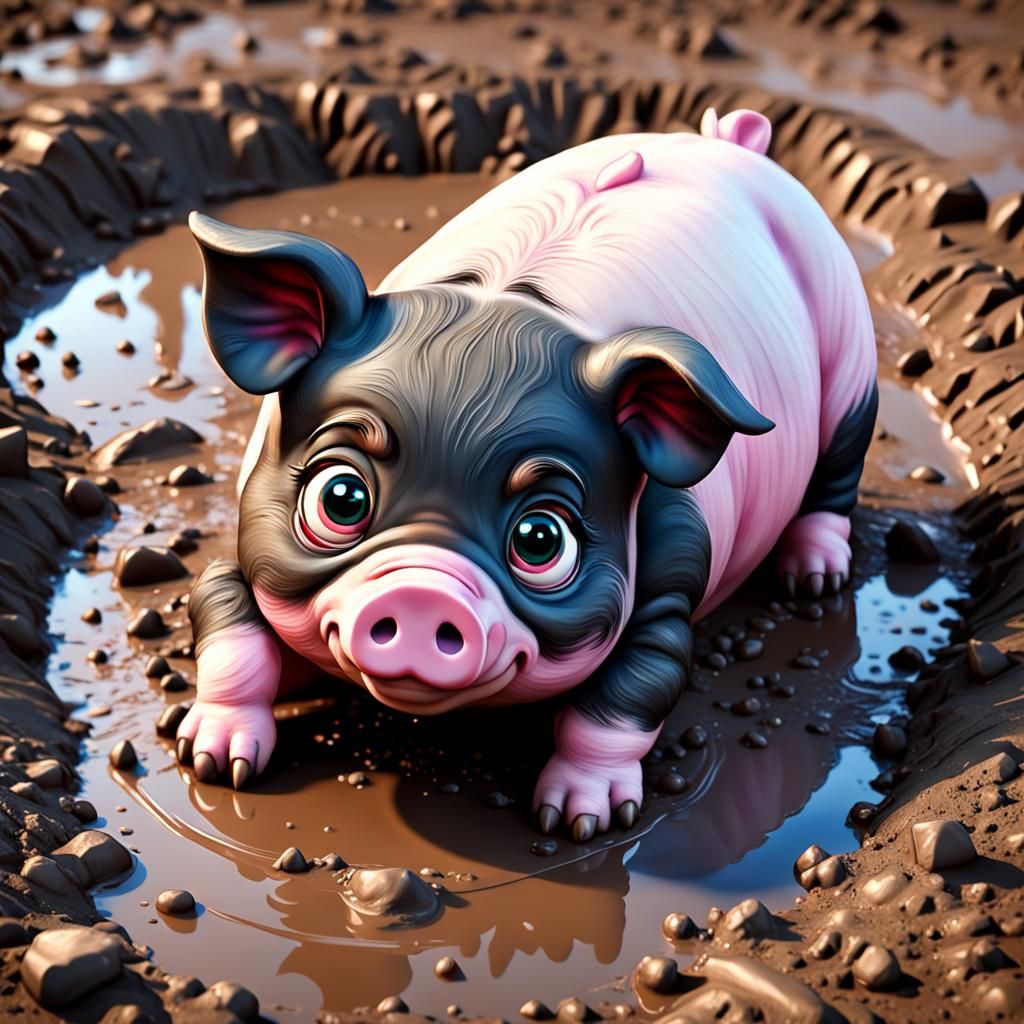 Cute Chibi Piglet Plays in Mud on Farm