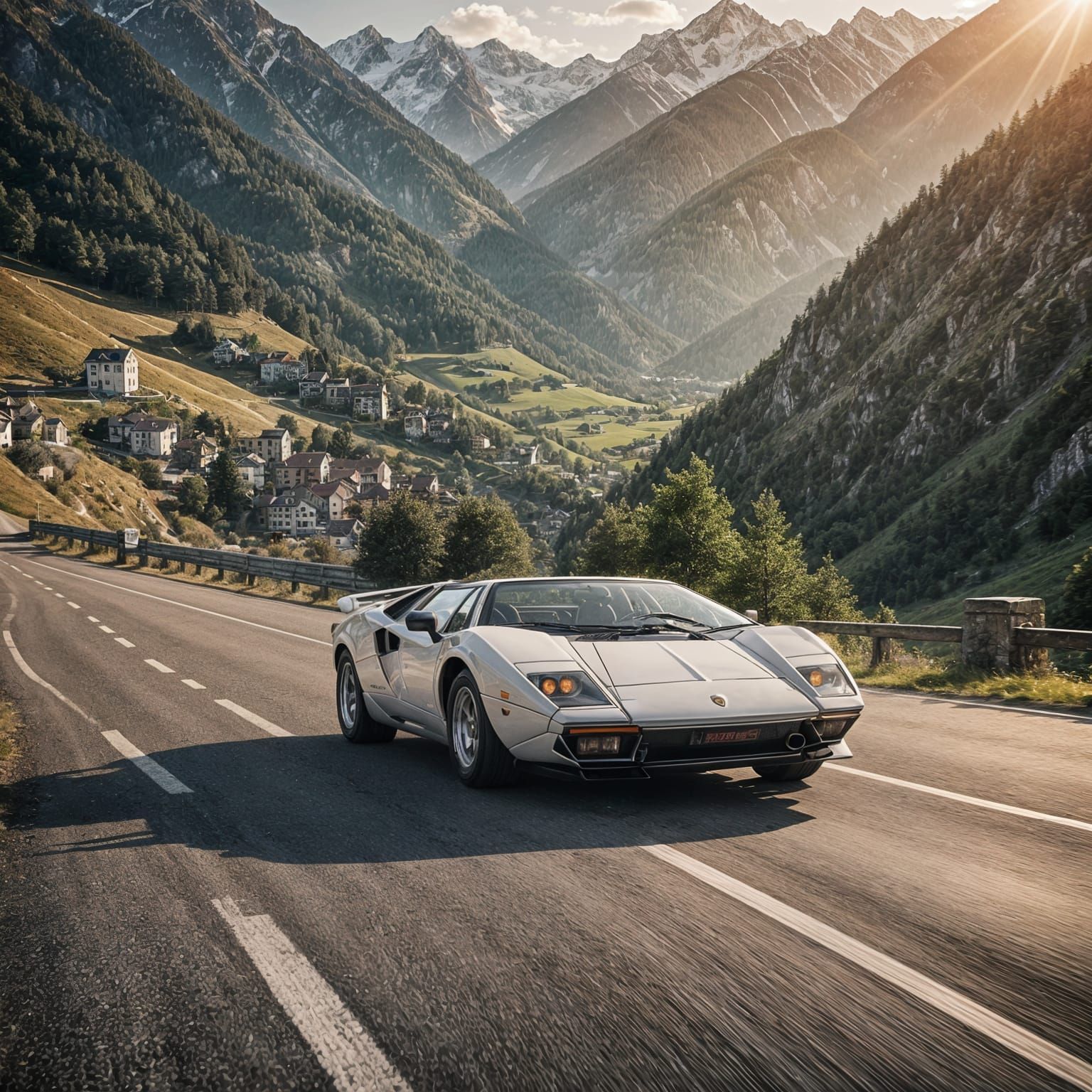 Lamborghini Countach Alps Sunset: Cinematic Film Still