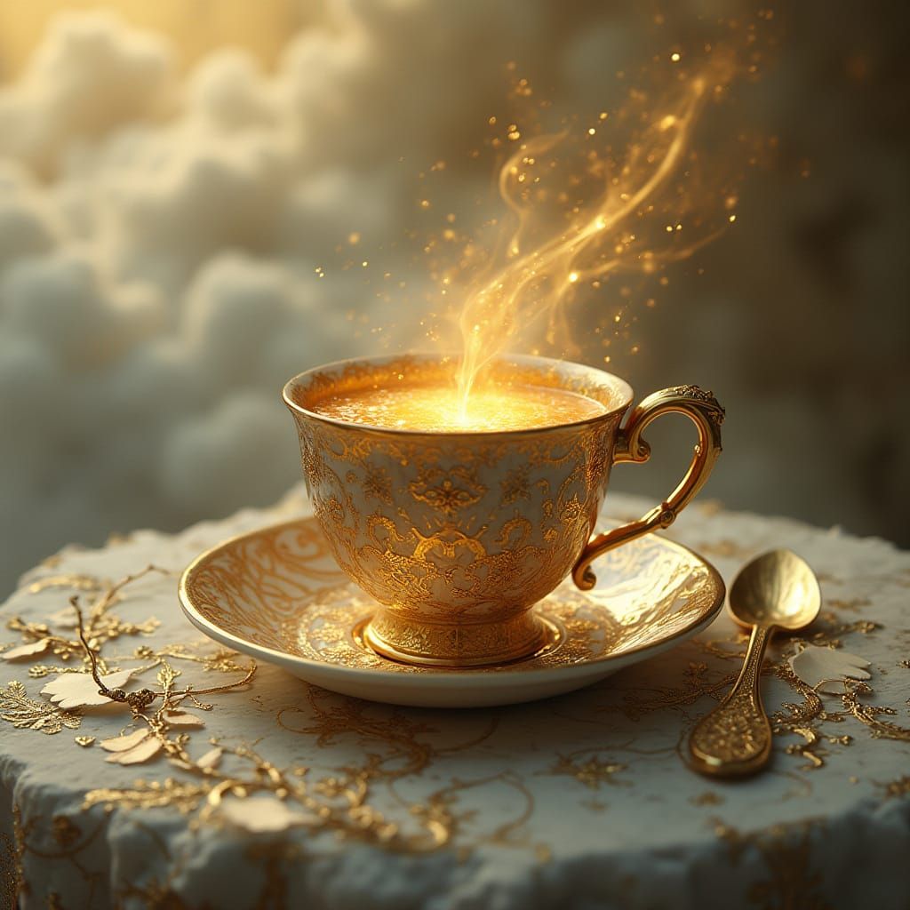 Golden Tea Party of Gods in Dreamlike, Surrealistic Splendor
