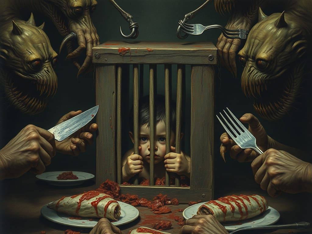 Grotesque Child Trapped in Bizarre Dining Scene