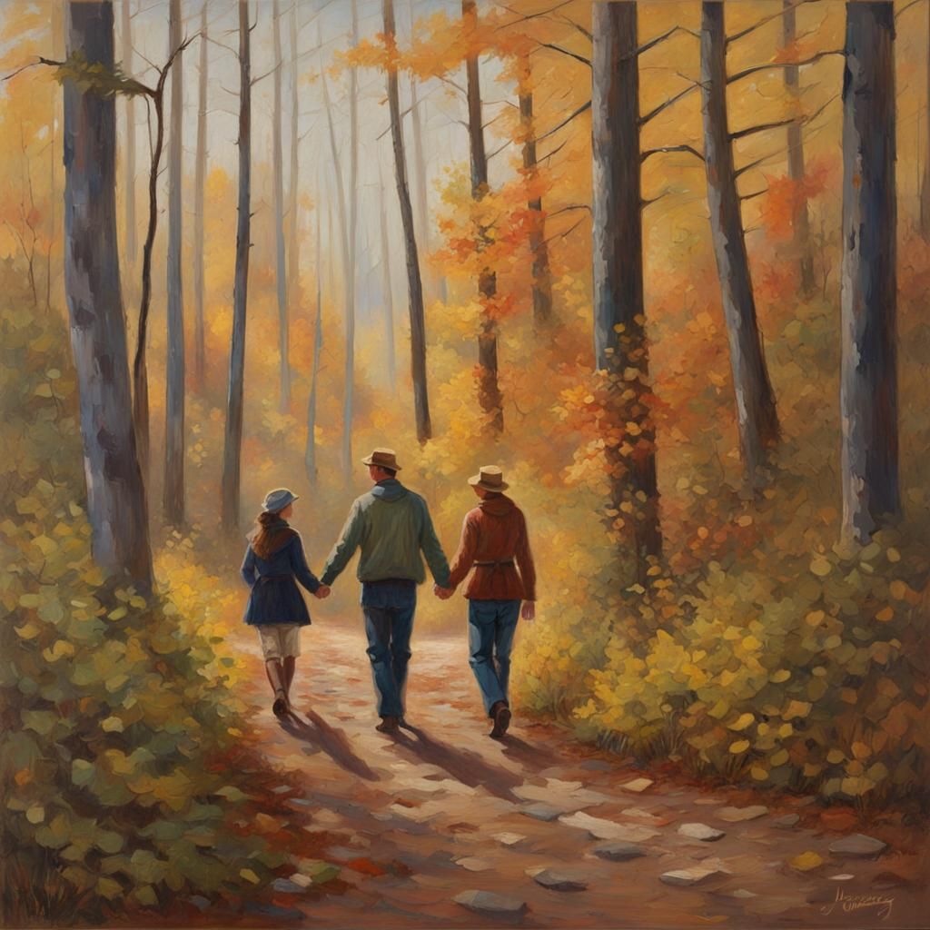 Autumn Forest Trail: Oil Painting of Couple