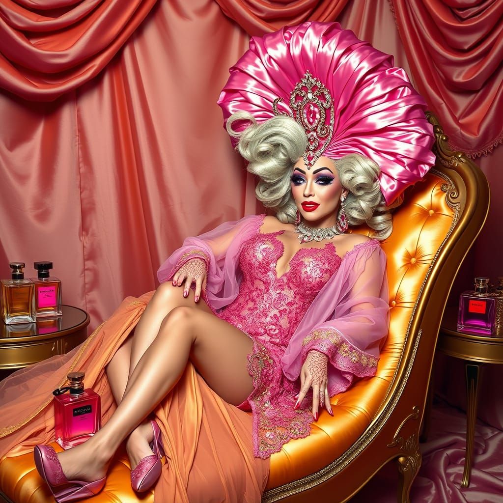 A flamboyant drag queen, wearing a vibrant satin headdress, shimmering chiffon and lace, reclines on a chaise lounge in ...
