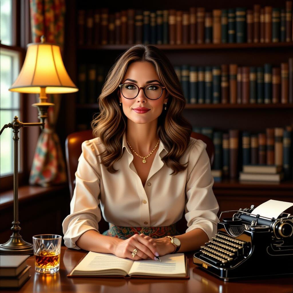 Woman at Desk in Cozy Study, Folk Art Style