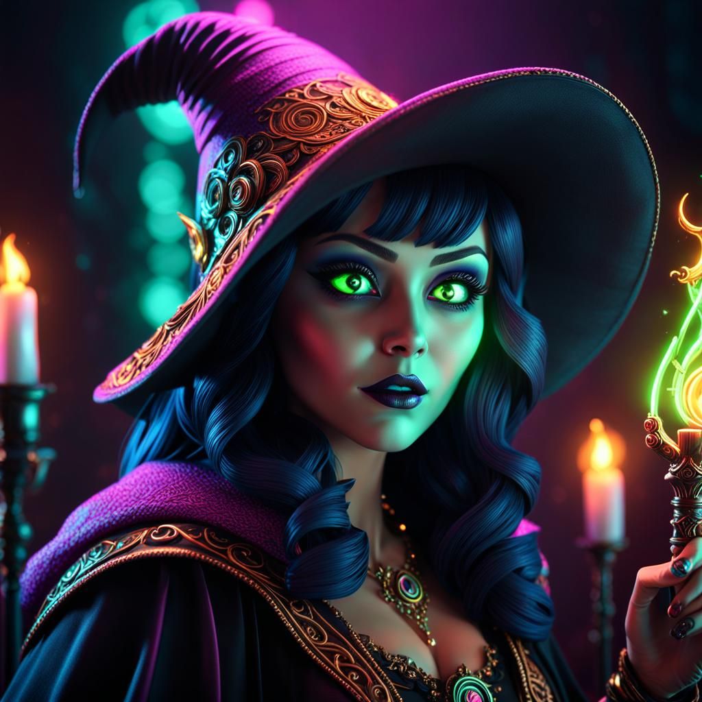 Eerie Witch Casting Spell with Glowing Wand