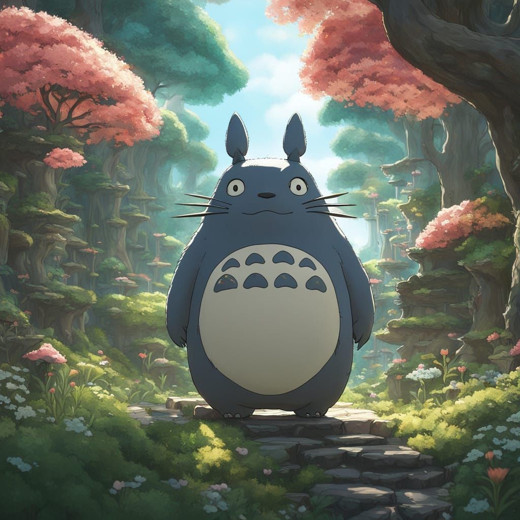 Surreal Anime Totoro Enchants Whimsical Landscape with Ghibl...