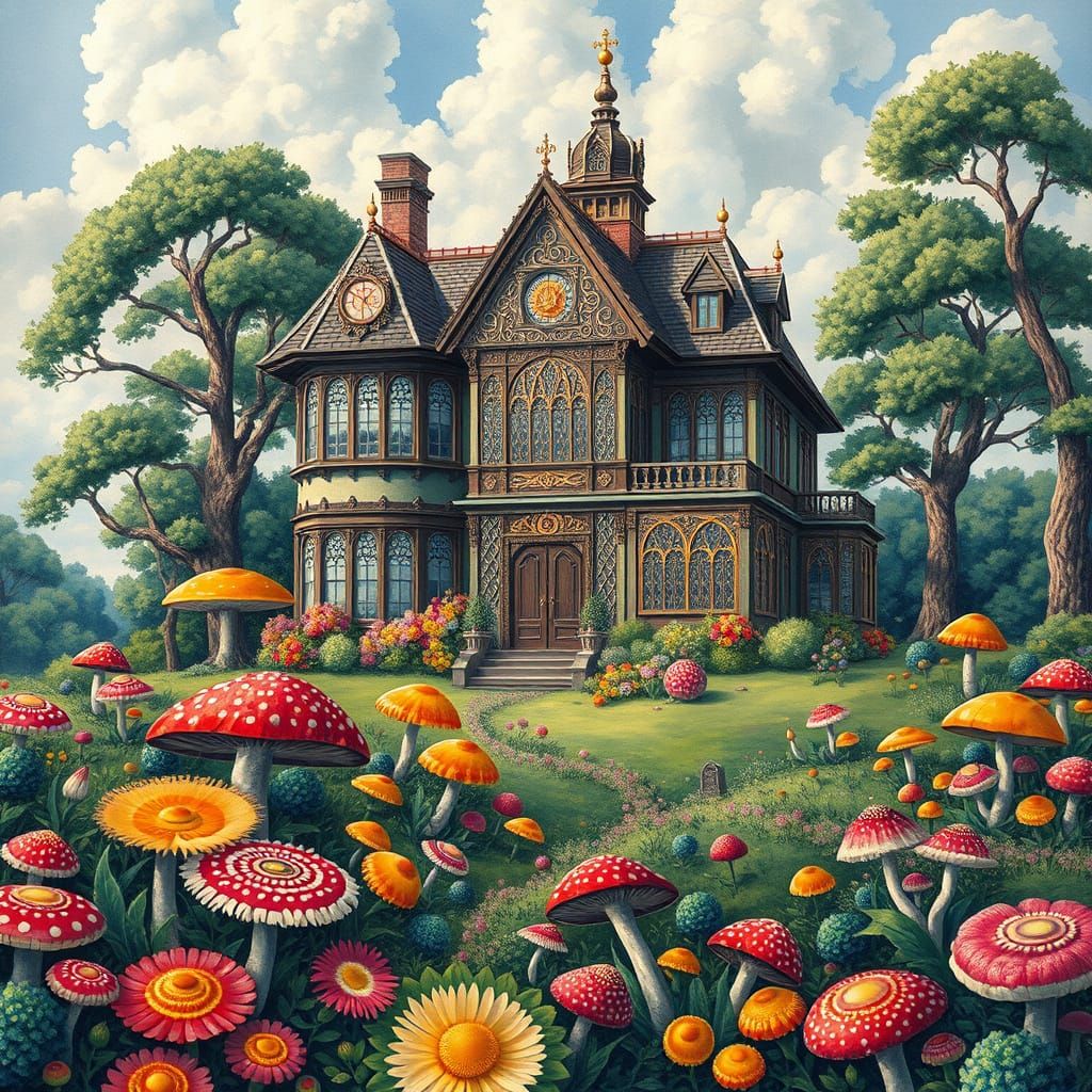 Dreamlike Victorian Mansion in a Vibrant, Lush Landscape