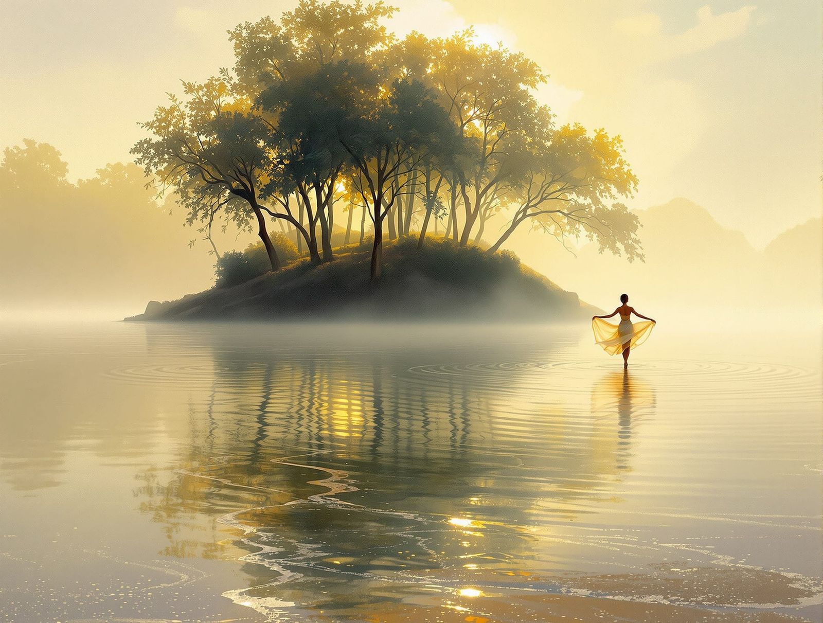 Impressionist Dancer on Misty Island at Dawn