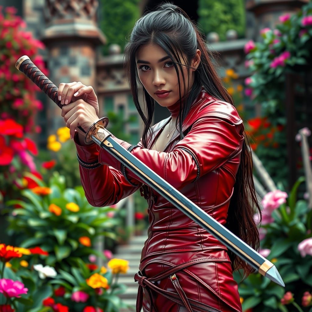 Mystical Warrior Woman in Red Leather with Katana