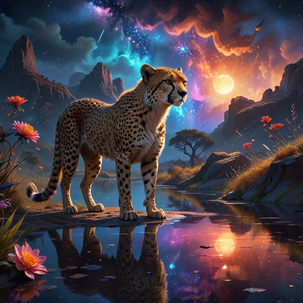 Cheetah's Reflection Under Starry Nebula Sky
