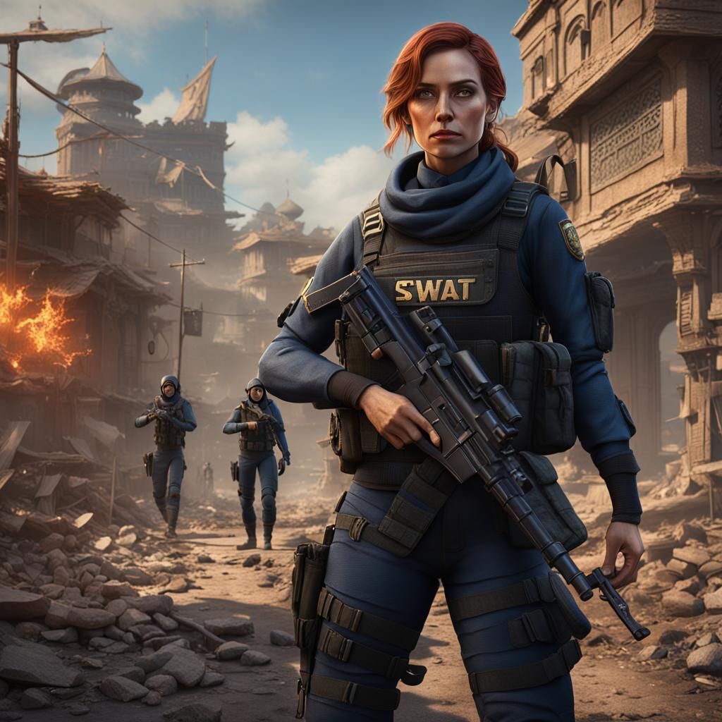 Woman in SWAT Shirt: Detailed Matte Painting