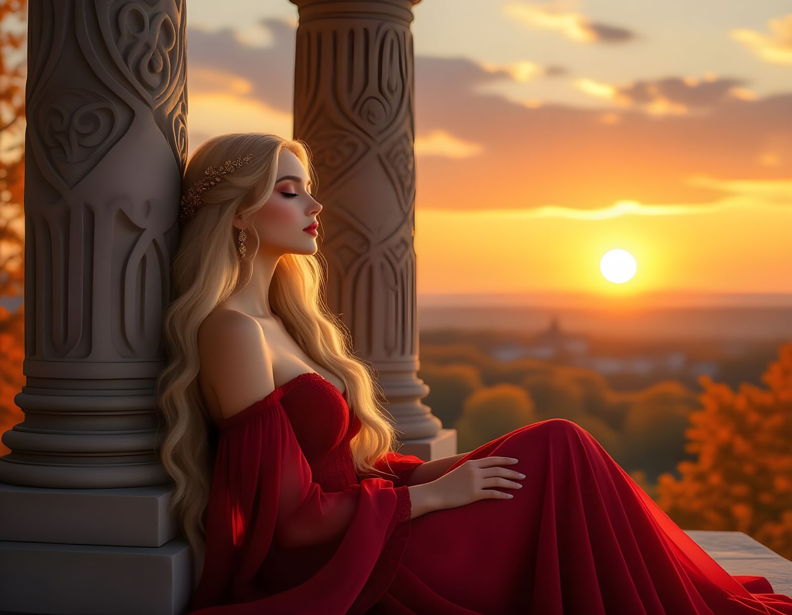 Norse Goddess Meditating in Ruined Temple at Sunset