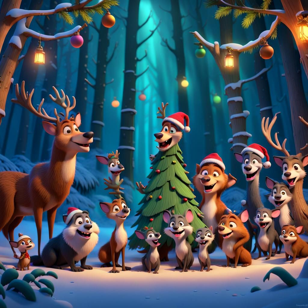 Forest Animals Celebrate Christmas: Pixar Style 3D Render