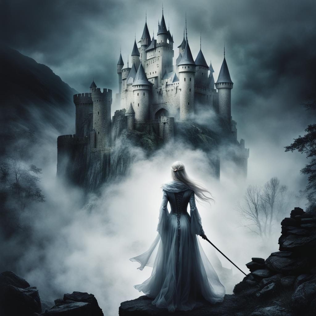 Ethereal Woman and Dark Castle Double Exposure