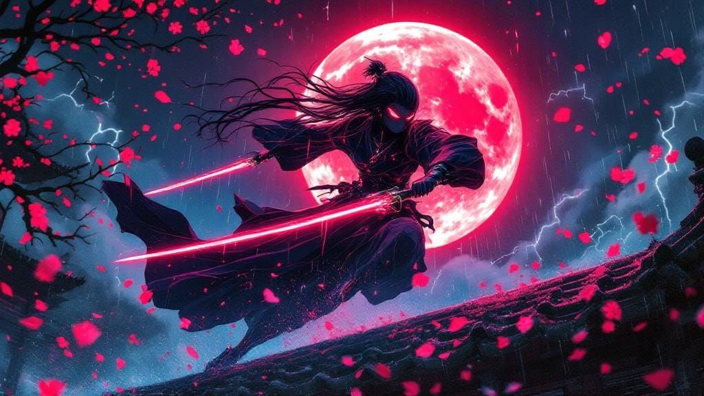 Cyber-Ninja Shrine Maiden with Neon Blades in Anime Ink Styl...