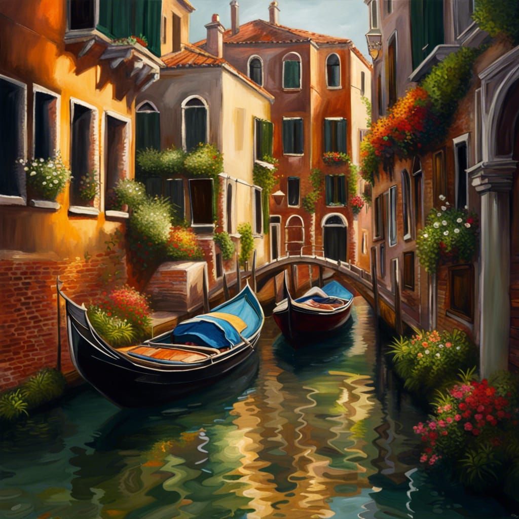 Venice Canals in Oil Painting Style