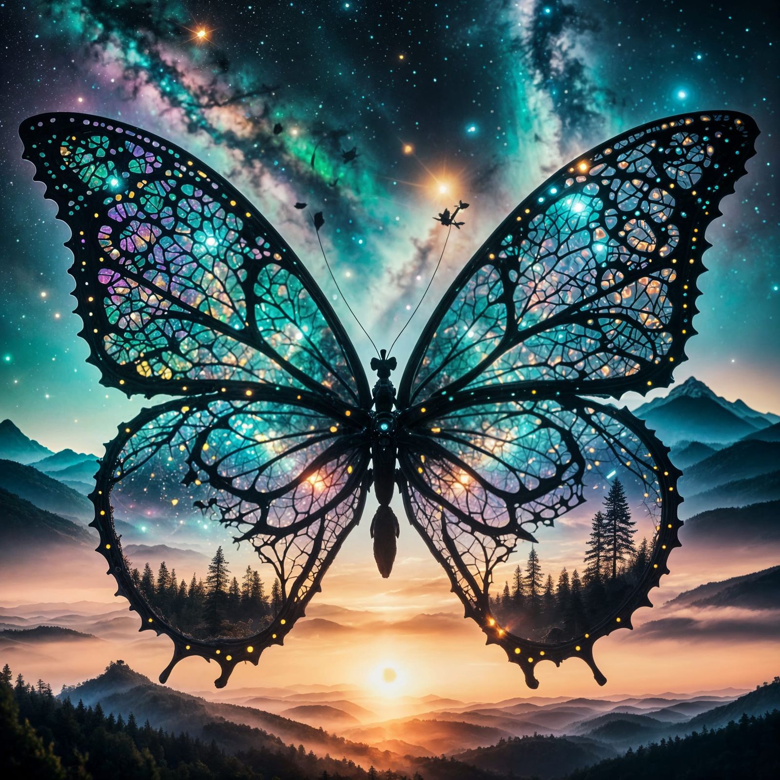 Biopunk Butterfly Silhouette in Double Exposure Style