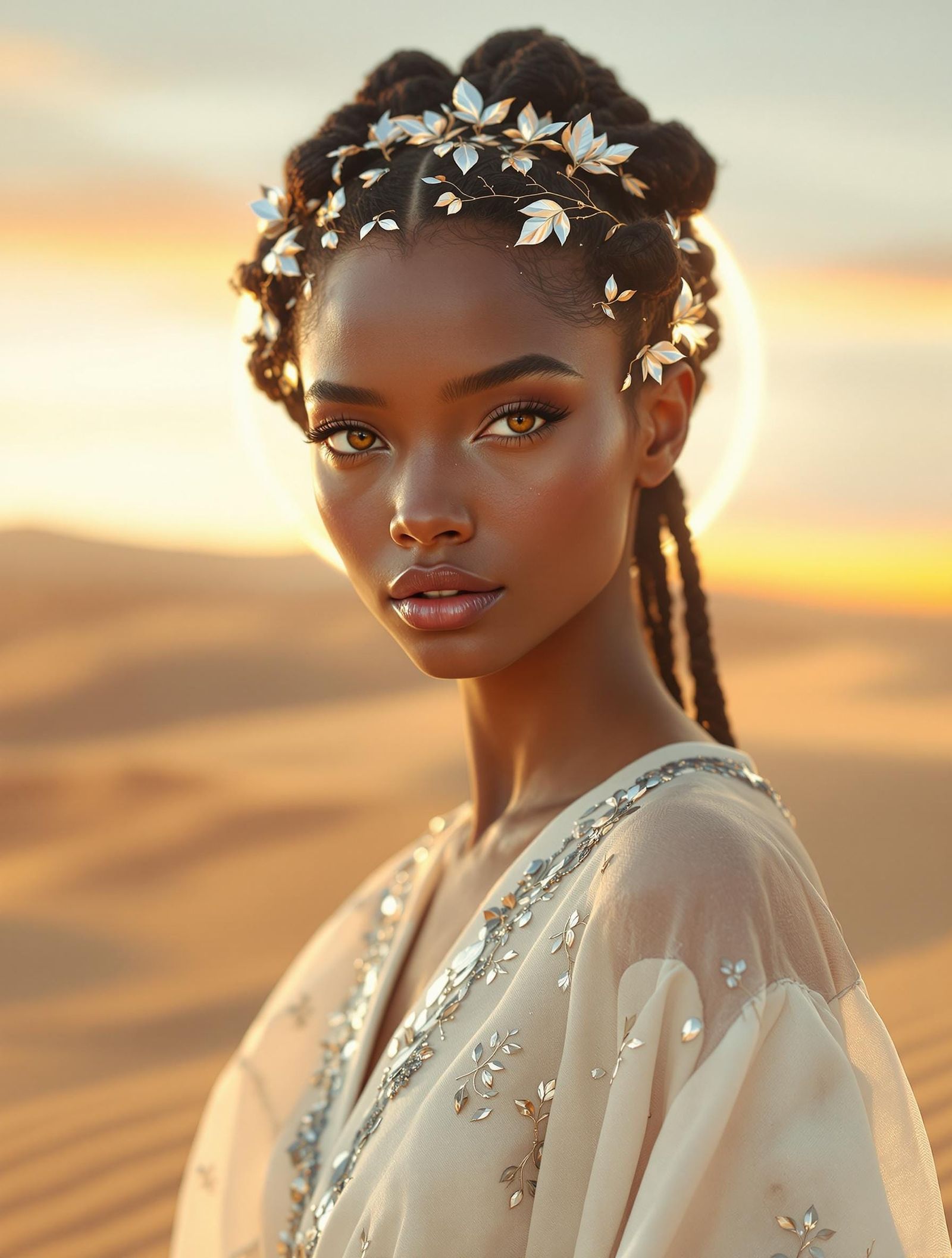 Ethereal Desert Goddess in Radiant Dawn Light