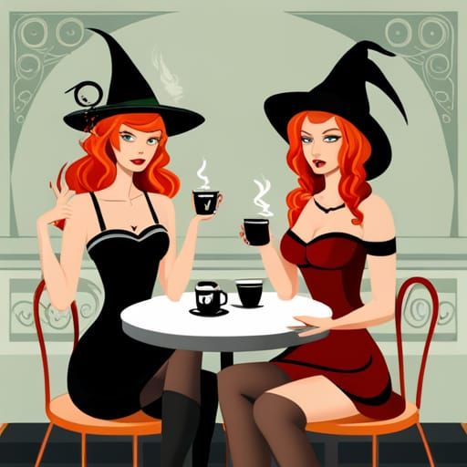 Witches in Cafe: An Impressionistic Oil Painting