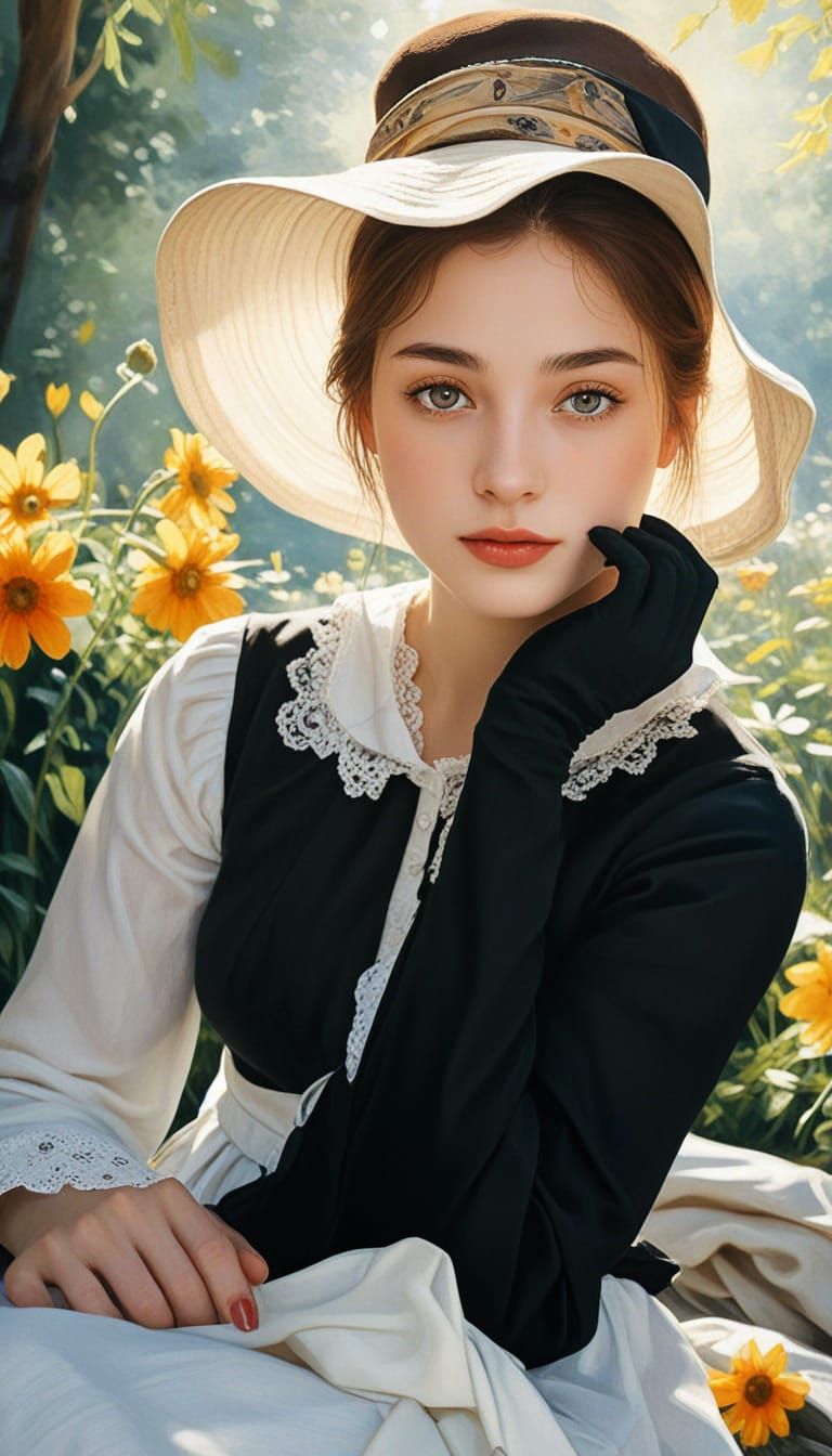 Impressionist Meadow Scene with Woman in White