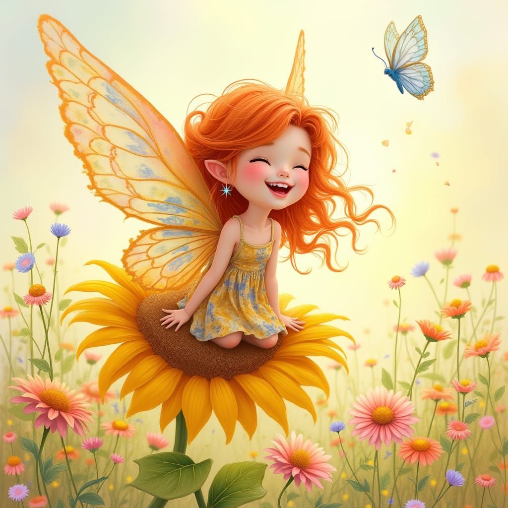 Radiant Pixie Joyfully Laughing in Sunlit Meadow