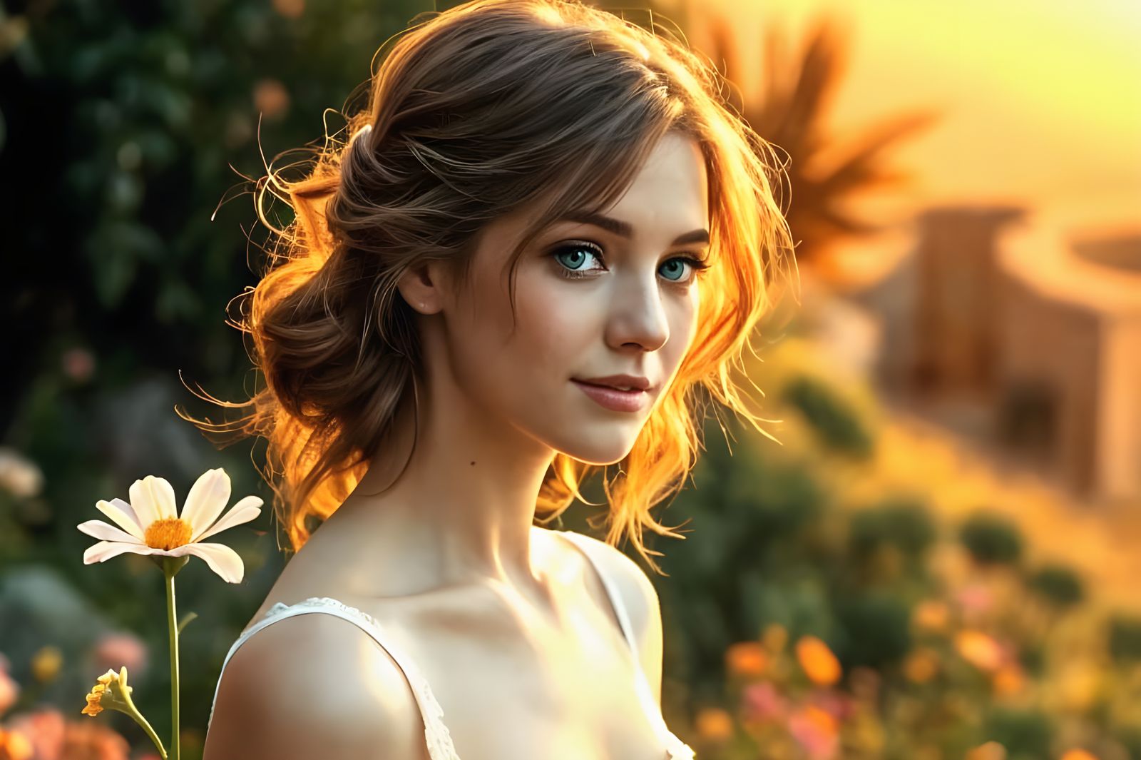 Nostalgic Woman in Greek Dress with Flower