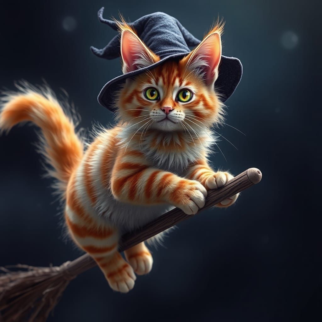 Whimsical Cat Witch Flying on Broom
