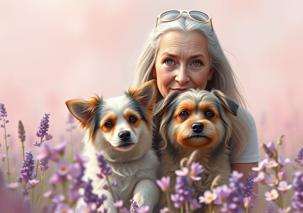 Serene Hippy Woman with Dog in Pastel Hues