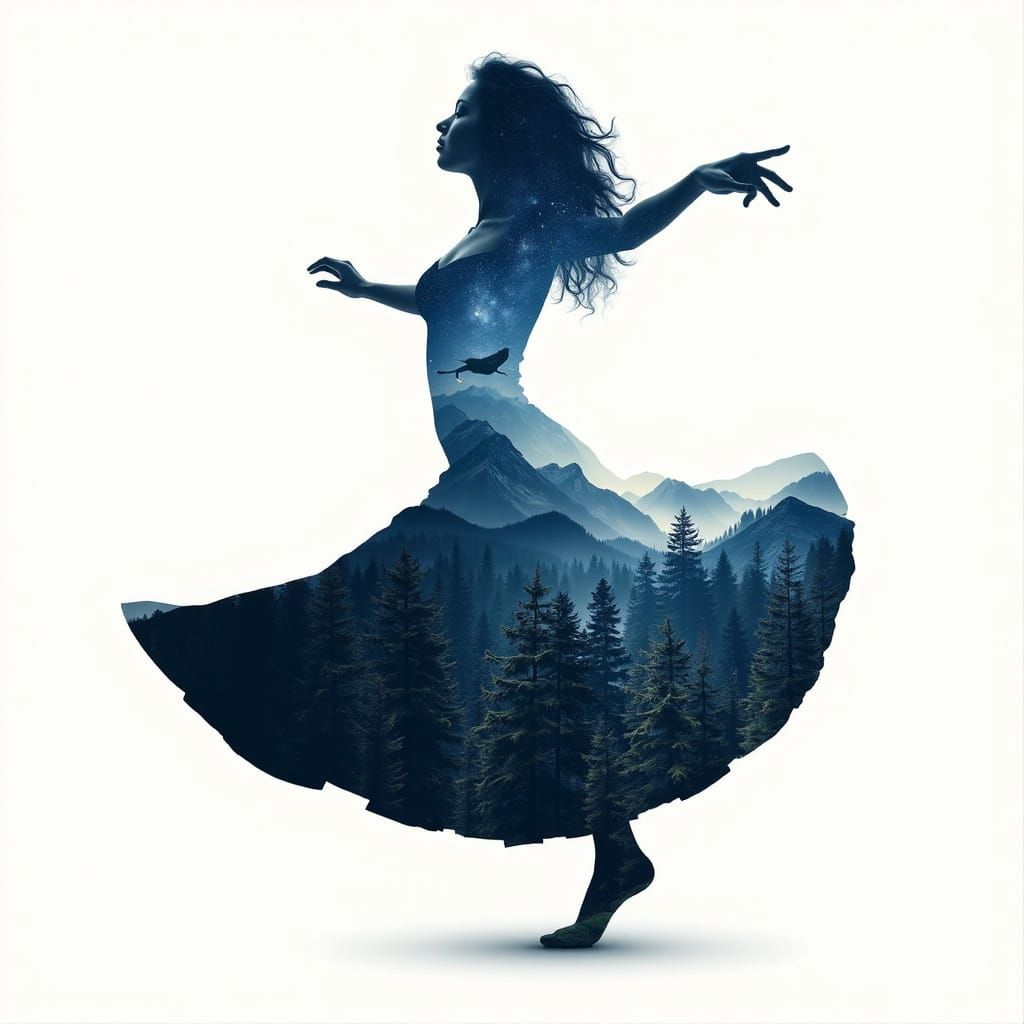 The outline of a woman dancing a pirouette consists of a pan...