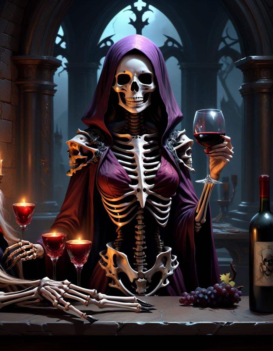 beautiful female skeleton serving wine a masterpiece, 8k res...