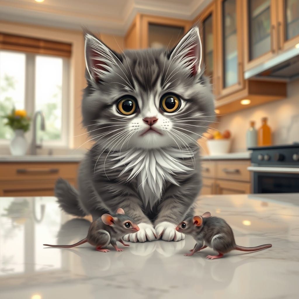Whimsical Feline and Rodent Friendship in Vibrant Kitchen Sc...