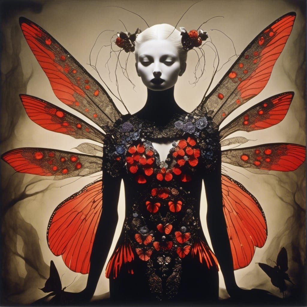 <lora:Fantasy 5:1.0> <lora:Cosmic Gothic:1.0> Woman's body with colorful Photogram of a red glass butterfly wings b...