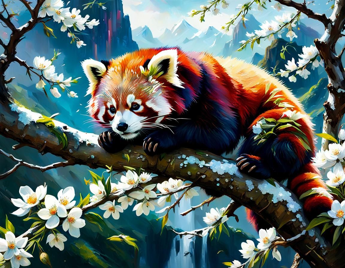 a wonderful red panda sleeping on a tree, adorable panda, an...