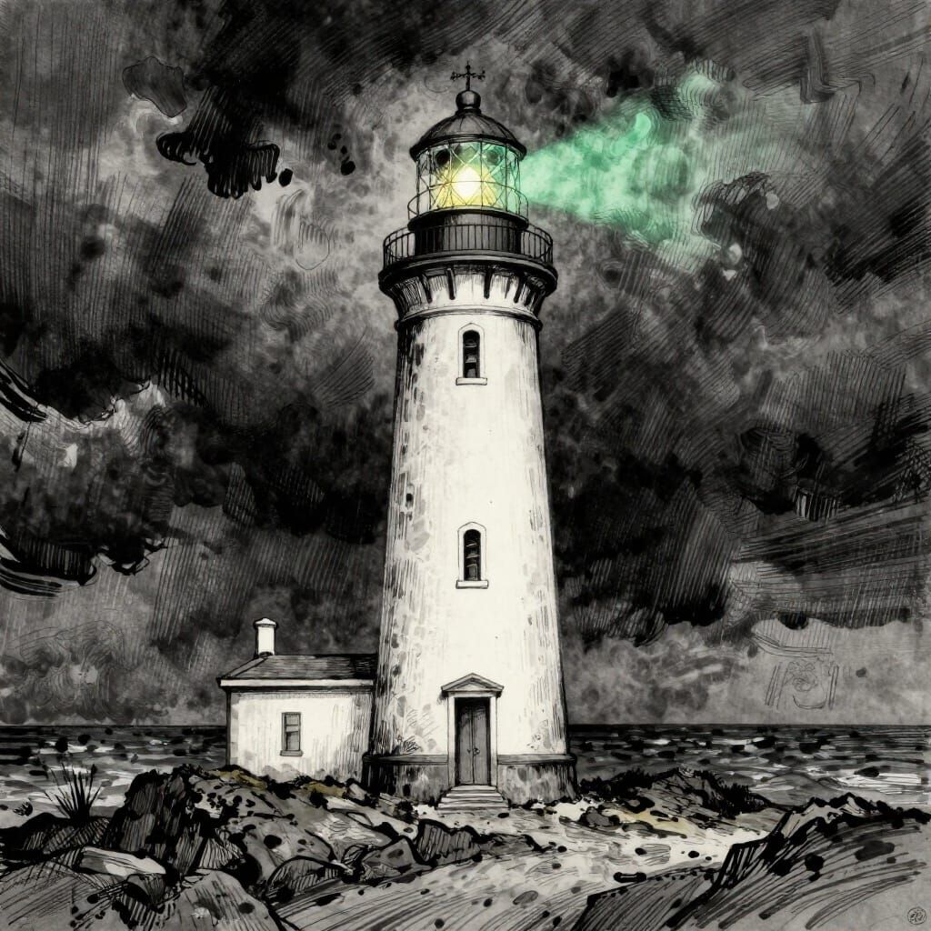 Dramatic Lighthouse on Cliffs in Ink-Wash Style