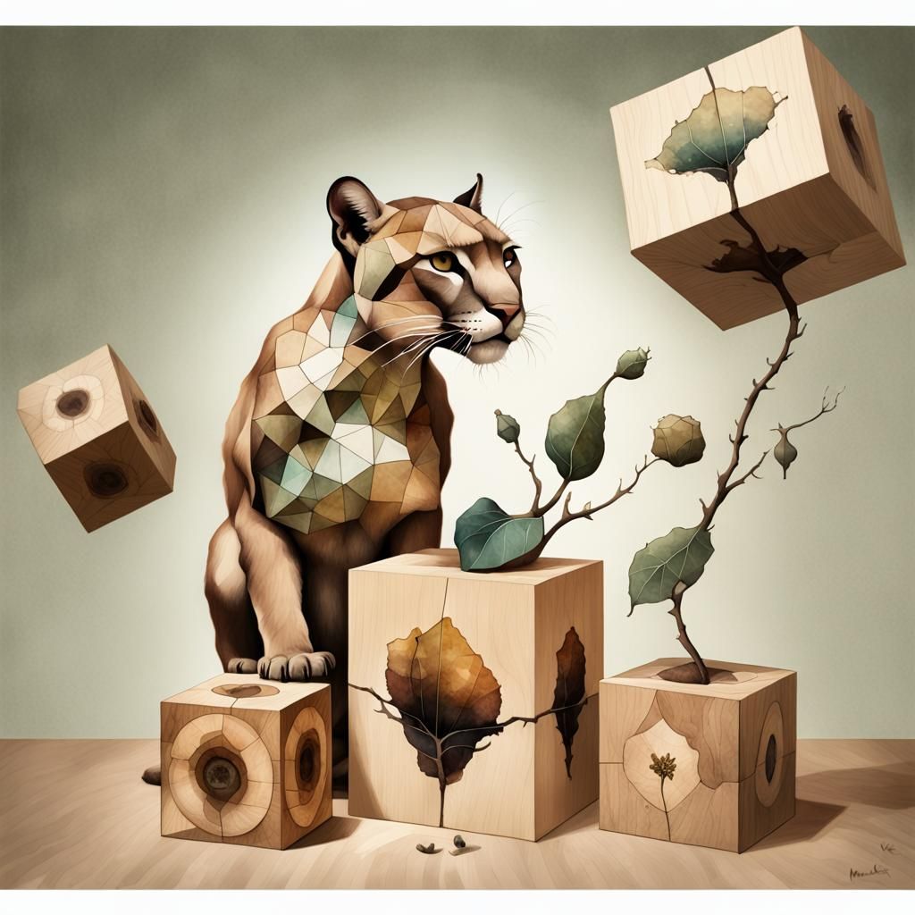 Double Exposure Puma with Cobaea in Gouache Watercolor