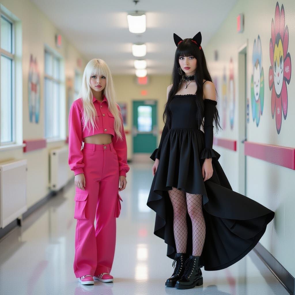 Goth and Pink Girls in School Hallway, Surreal Art