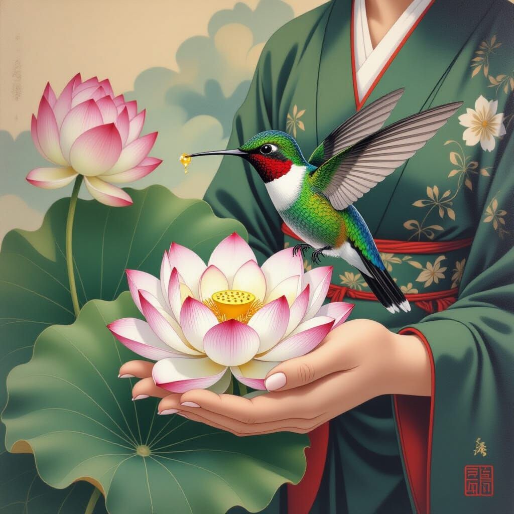 Hummingbird in Lotus Flowers: Japanese Yamato-e Art