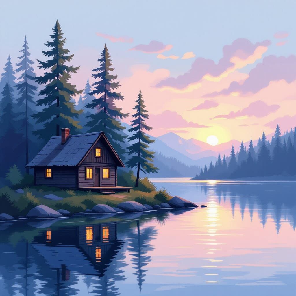 Rustic Lakeside Cabin at Dawn in Pastel Hues