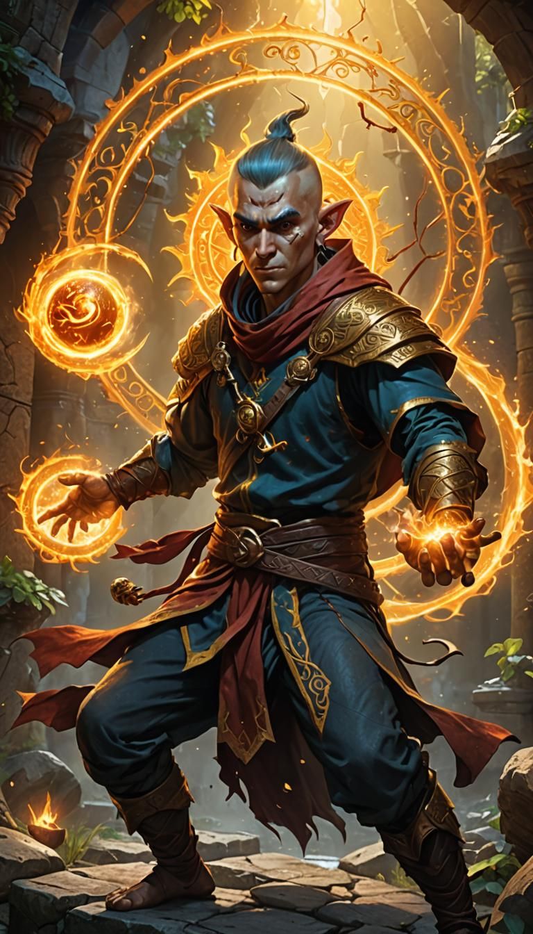 Elf Monk Battles with Sun Magic in Dungeons