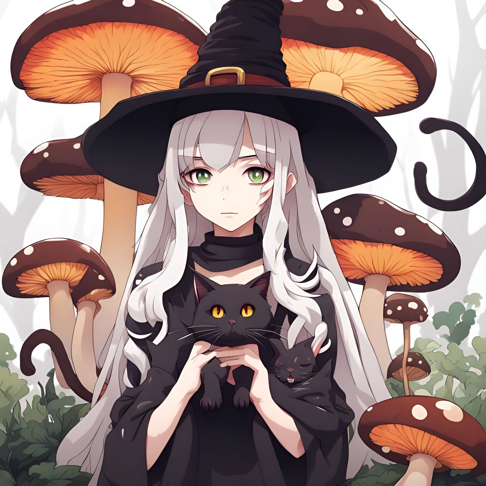 Mushroom Witch with Black Cat in Anime Style