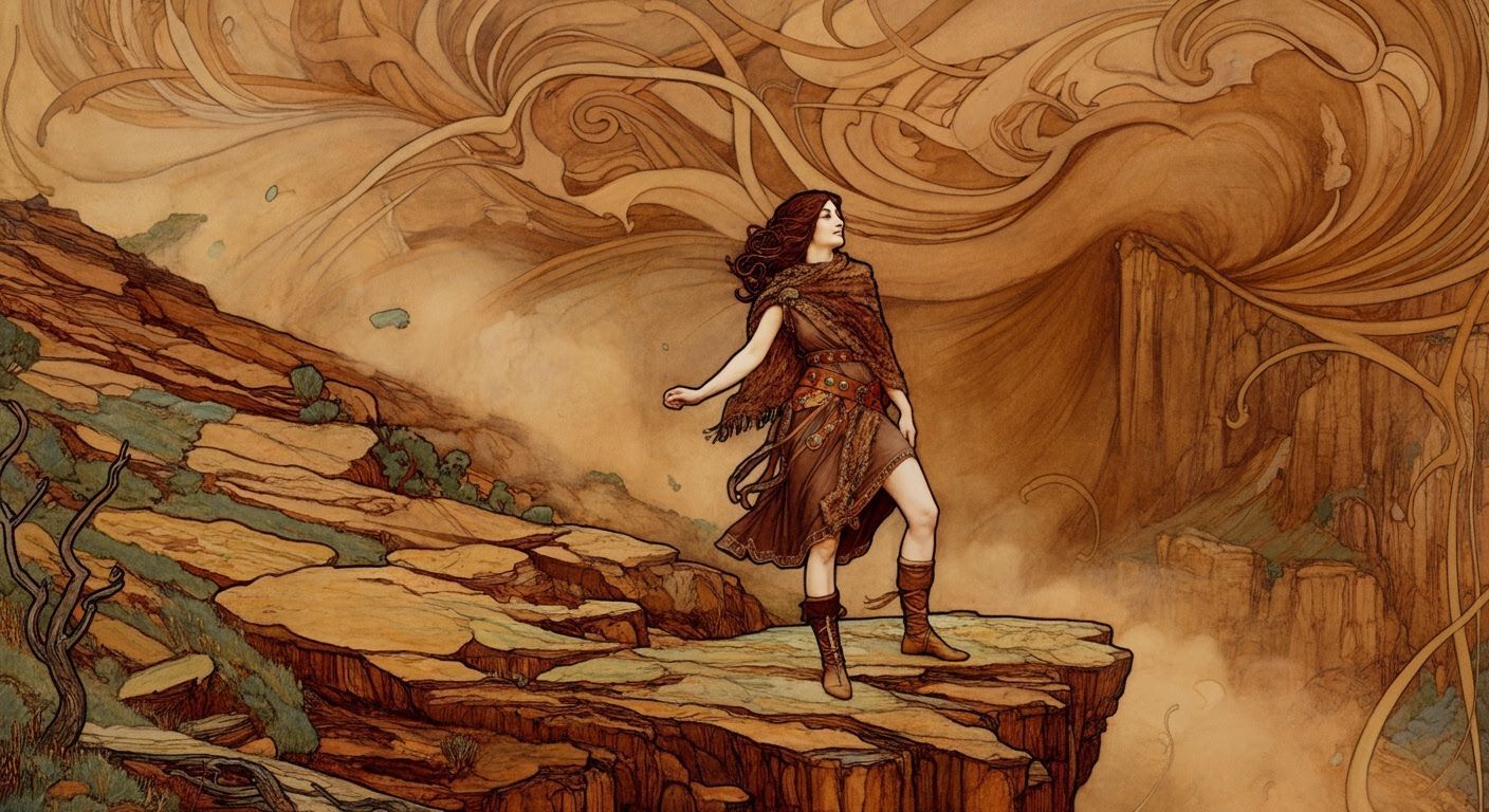 Art Nouveau Woman Overlooking Approaching Dust Storm