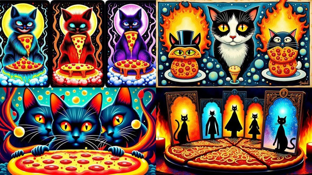 Modern Tarot Cards Featuring Cats and Pizza in a Haunted Dec...