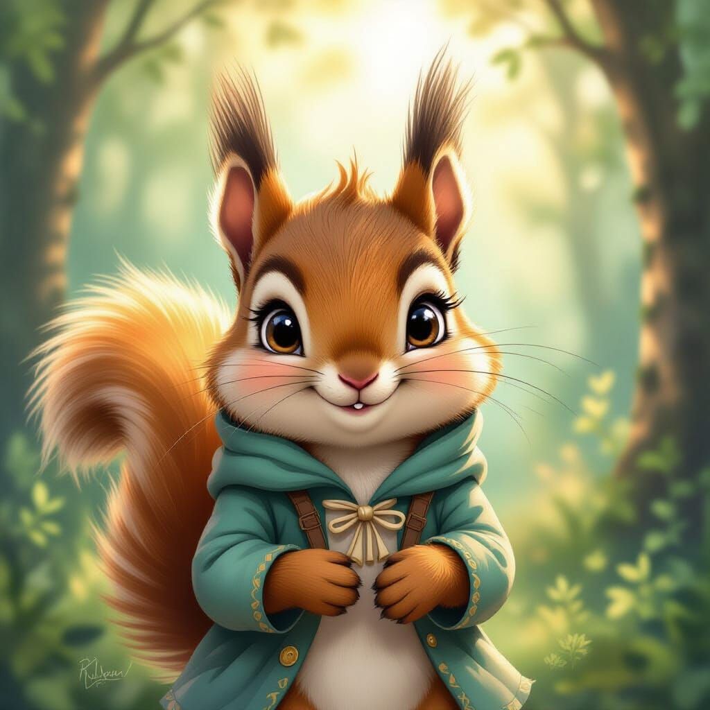 Squirrel in Adorable Outfit, Dreamy Watercolor Style