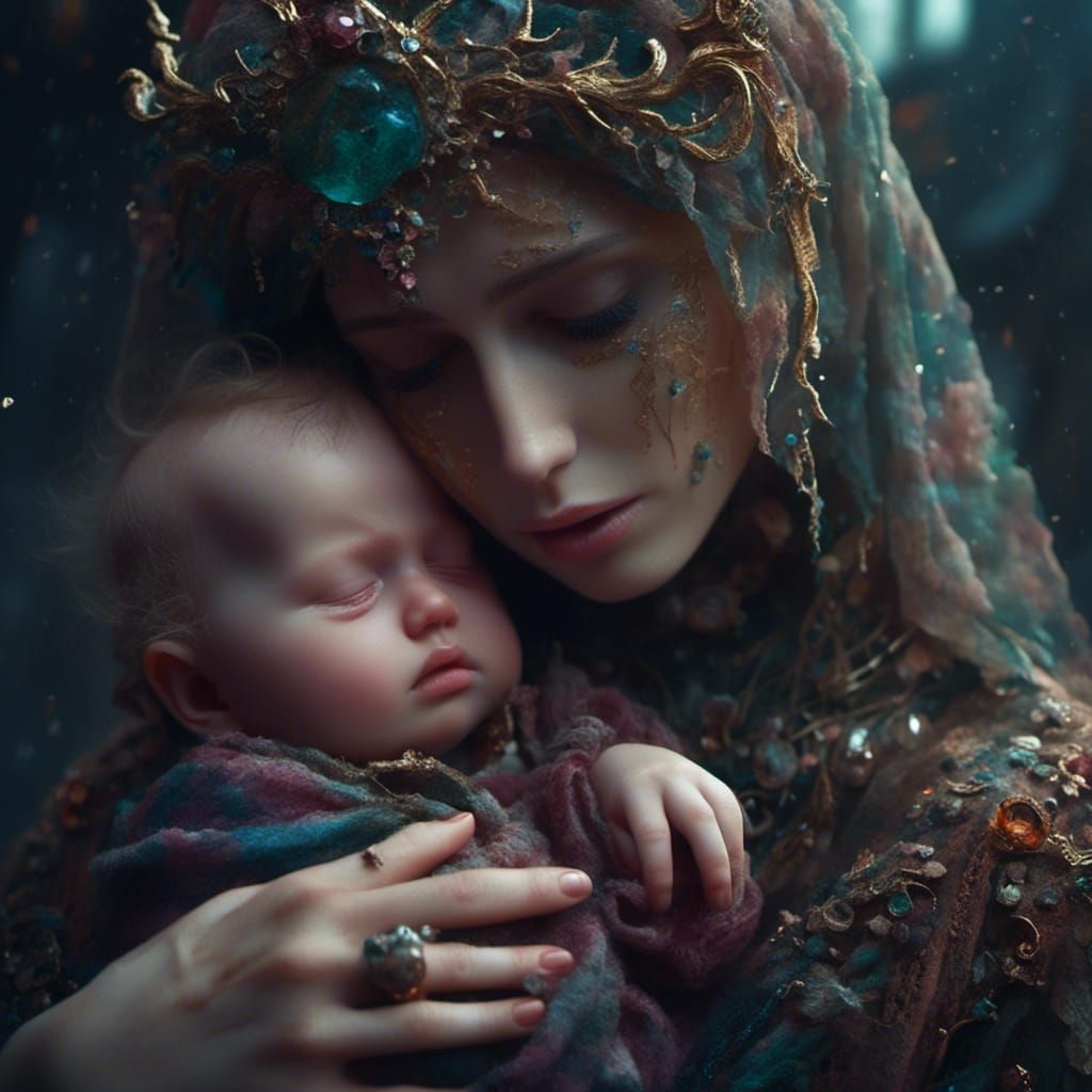 Tired Mother and Crying Infant in Detailed Matte Painting